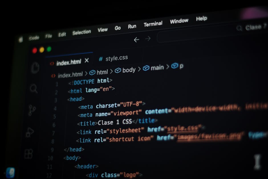 A computer screen displaying HTML code with syntax highlighting, showing tags such as <html>, <head>, <title>, <link>, and <meta>. The code appears to be part of a website's source during development,